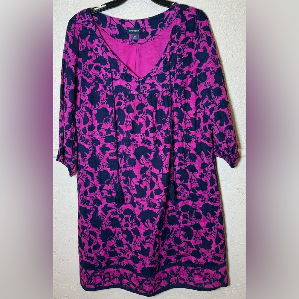Studio Park 100% Cotton Berry and Navy Shift Dress V-Neck Tassels Womens Size MP